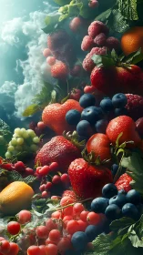 Hyperreal berries cascade through ethereal cloud-lit atmosphere.