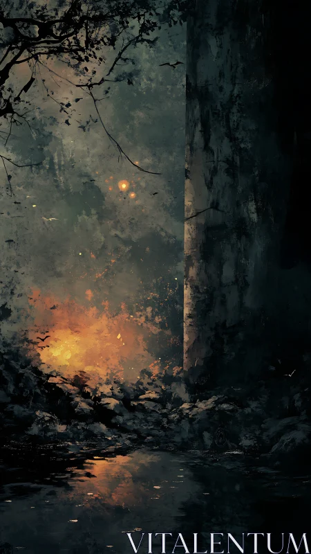 Abandoned Ruin With Glowing Fire in Misty Darkness