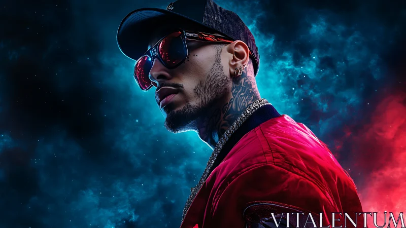 Neon-lit urban portrait with cosmic red blue split lighting.