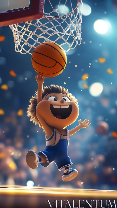 Cartoon child leaps toward basketball hoop with wide grin