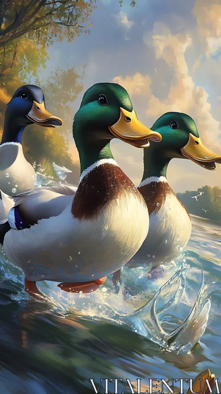 Energetic mallard trio skims across sunlit river waters.