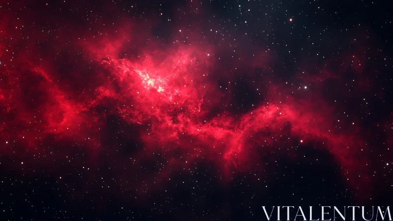 Crimson nebula cloud cuts through dense starfield band.