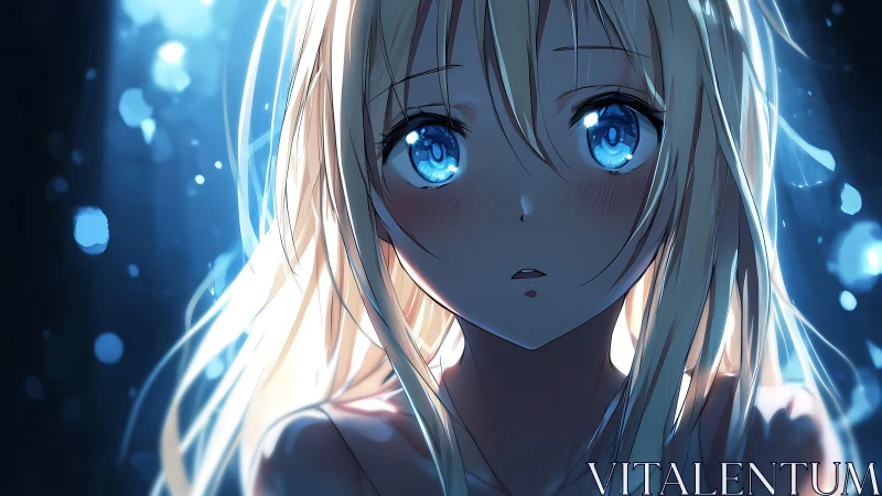 Starlit blue-eyed girl caught in a hush of glowing night.