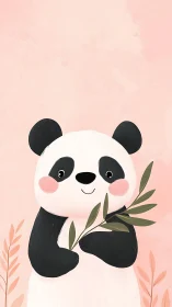 Cute cartoon panda holding leafy branch on pink background.