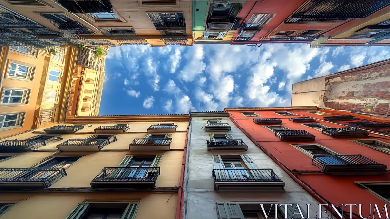 Converging apartment facades frame blue sky with strong vertical perspective