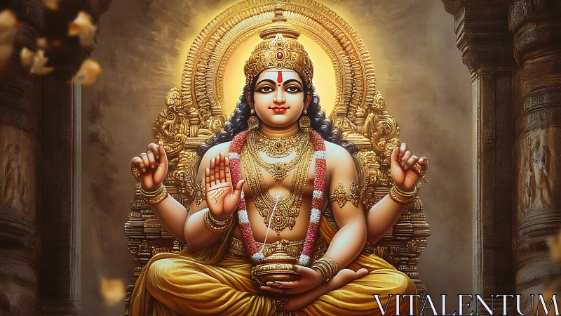 Hindu deity seated on ornate golden throne in temple hall.