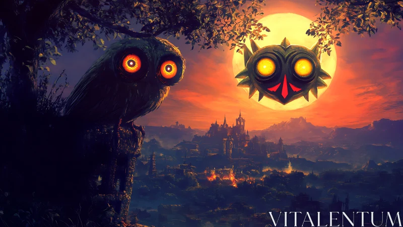 Glowing owl studies ominous moon mask above burning valley