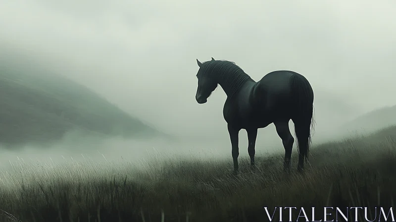 Solitary midnight stallion overlooking a mist-drenched valley.