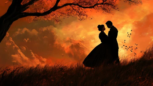 Silhouetted couple under fiery sunset sky.
