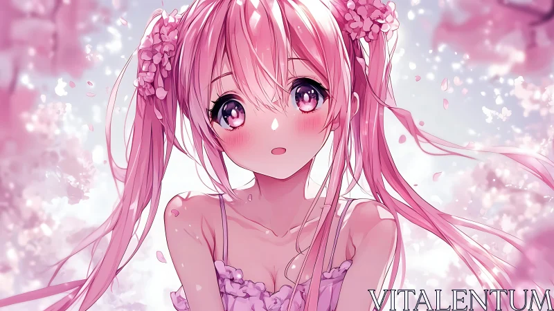 High saturation anime portrait with pink bokeh and cherry blossoms