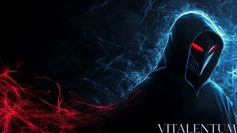 Shrouded hooded figure glows with red eyes and crackling energy