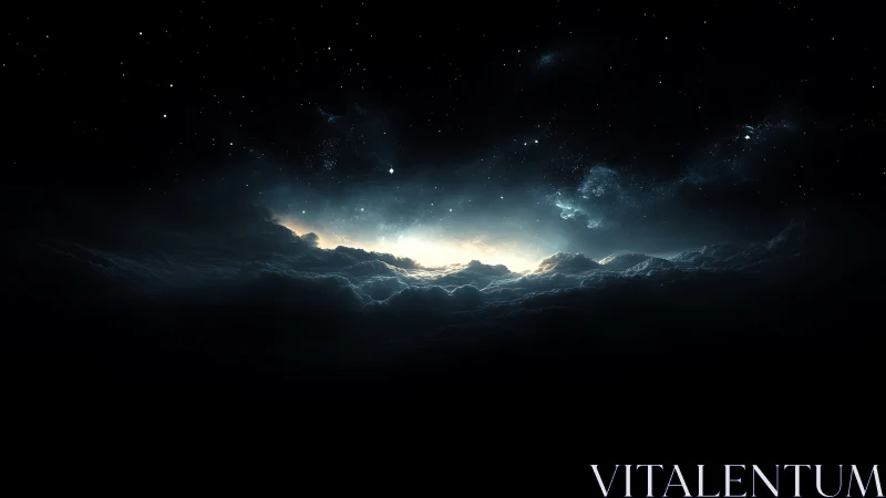 Cosmic horizon glow above shadowed nebula cloud forms.