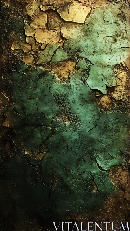 Cracked emerald and ochre wall surface forms textured strata