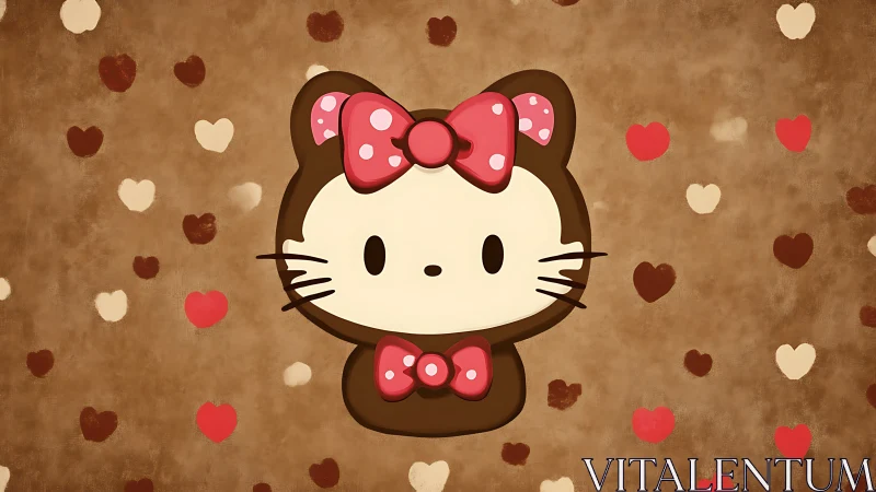 Hello Kitty Illustration with Polka Dot Bows Against Sepia Heart Backdrop