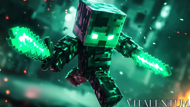 Emerald voxel warrior dives through neon storm of pixels.