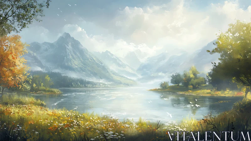 Digital landscape depicts alpine lake with distant mountain range