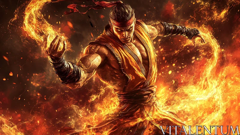 Digital painting of flame-wielding martial warrior in motion.