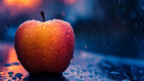 Single wet apple stands on reflective surface during rainfall
