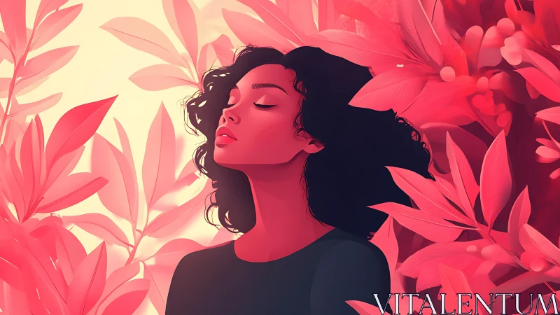 Serene woman in rosy leaves enjoying a quiet, peaceful pause.