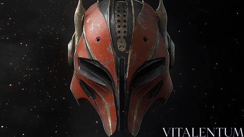 Weathered red sci‑fi helmet with horned crest and scratched metal
