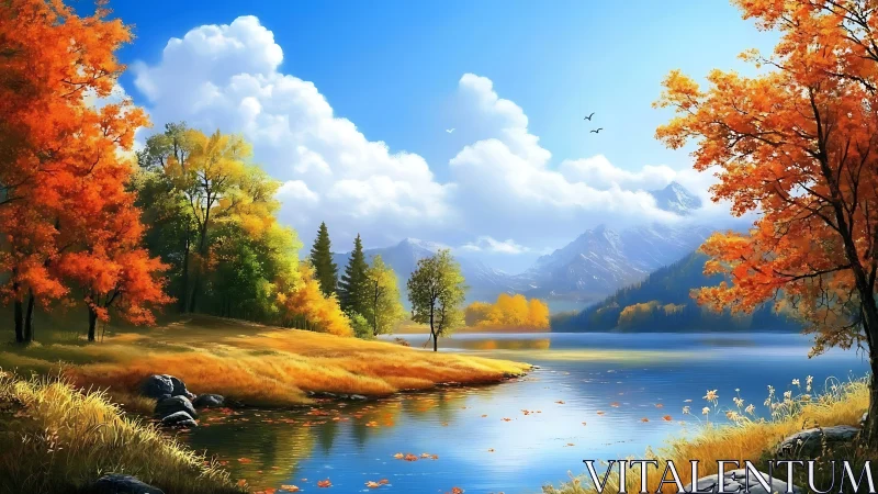 Autumn lake dreamscape under soaring clouds and distant peaks.