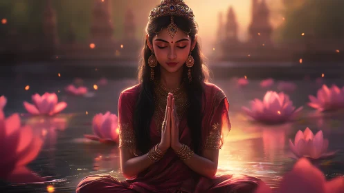 Serene woman meditating in lotus pond under warm volumetric light