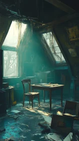 Dusty attic workspace with table, chair, and angled windows.