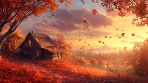 Autumn forest cottage at sunset with drifting scarlet leaves