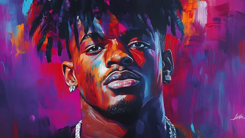 Neon shadows crown a confident gaze in prismatic paint