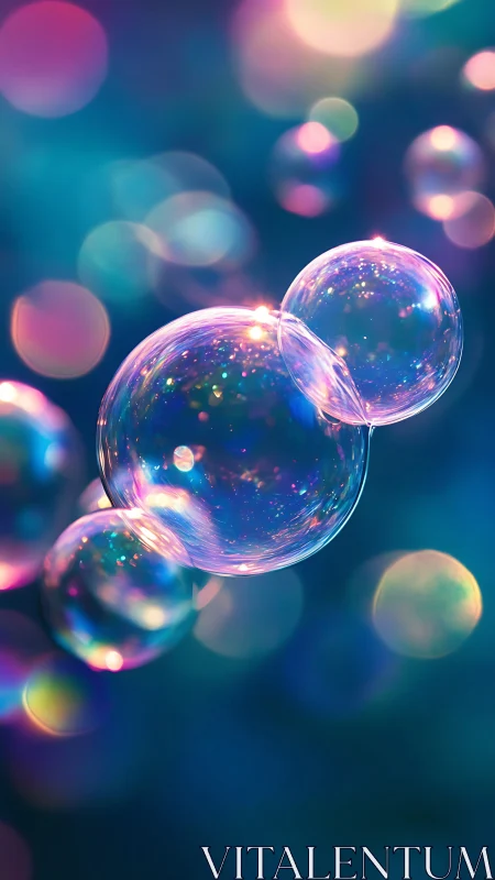 Translucent soap bubbles with bokeh light reflections background.