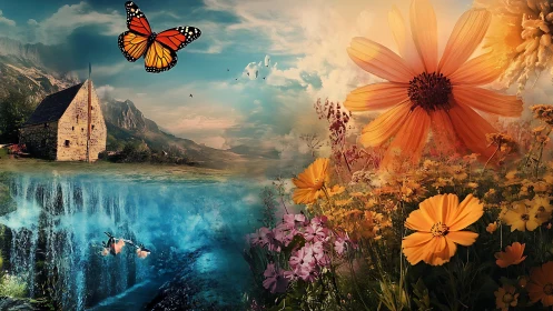 Surreal cottage garden floats between waterfalls and sky