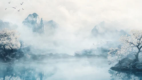 Ethereal misty mountains above tranquil reflective lake.