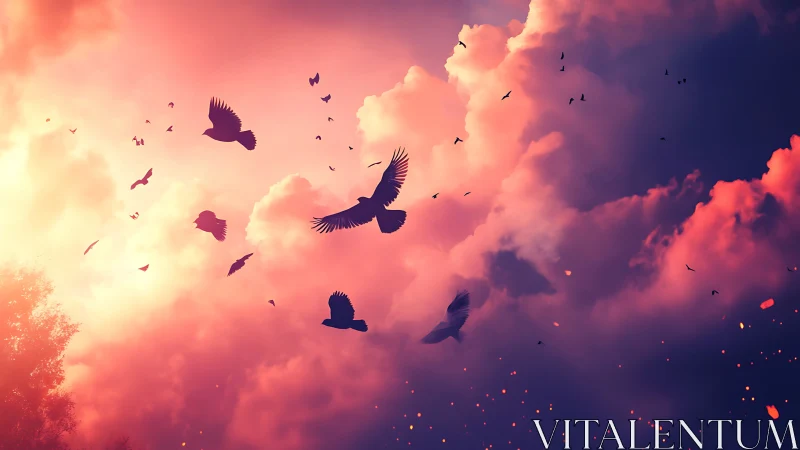 Skybound silhouettes ride a storm of rose and violet light