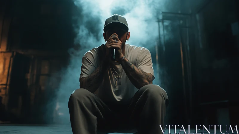 Moody hip hop vocalist crouching in smoky warehouse stage.