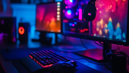 RGB gaming battlestation with dual monitors and peripherals.