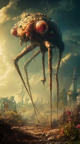 Towering insectoid colossus stalks a misty steampunk city