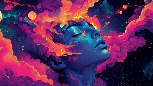 Surreal neon portrait of cosmic woman in swirling clouds.