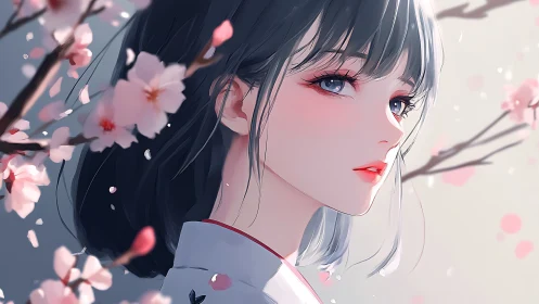 Side profile of woman amid pale blossoms in soft focus.