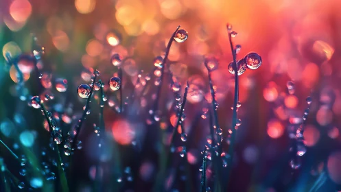 Macro water droplets on grass blades under vivid backlight