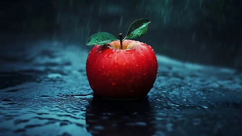 Red apple glows against stormy rain on a dark wet surface