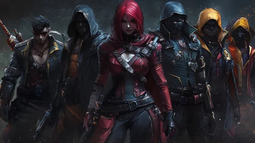 Futuristic masked squad stands united in neon-tinged shadows.