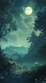 Moonlit forest path leads toward distant settlement calmly