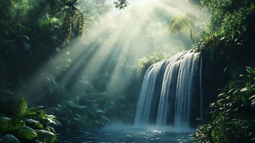 Tropical waterfall bathed in volumetric jungle sunlight.