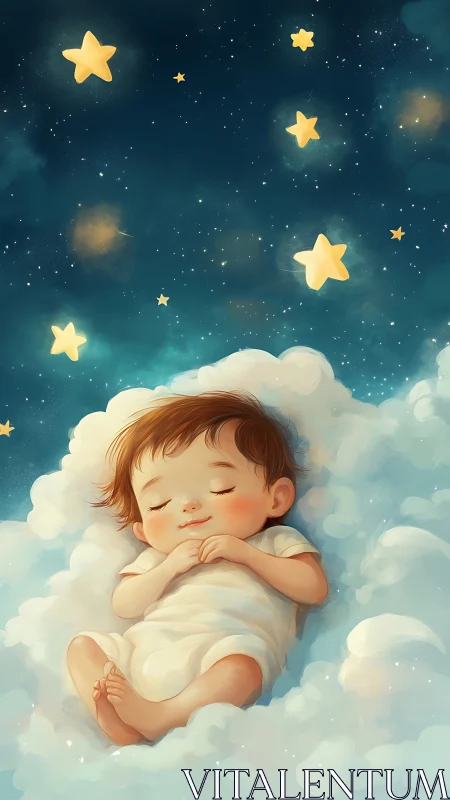 Sleeping baby on glowing cloud under soft starlit sky