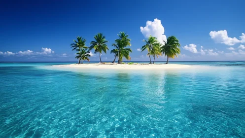 Tropical island with palm trees surrounded by turquoise water.