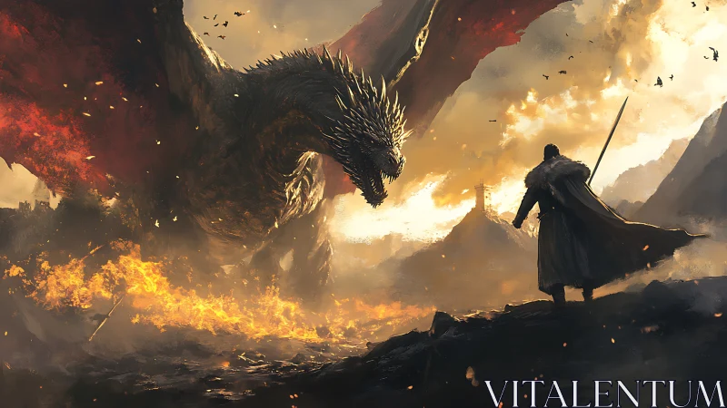 Firelit titan stoops to challenge a lone, unyielding warrior