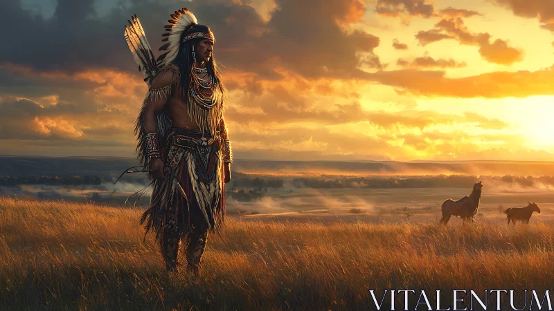 Sunlit plains warrior in feathered regalia at atmospheric dusk.