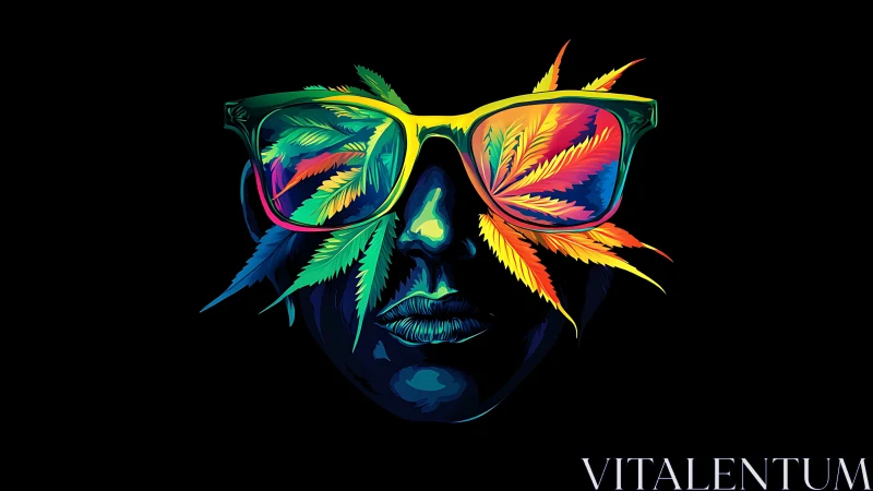 Colorful cool face with neon glasses and leaf reflections.