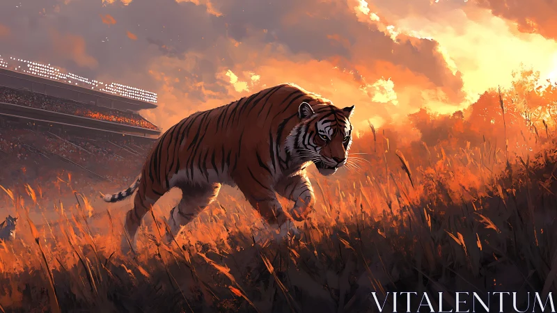 Stadium-lit Bengal tiger stalking through blazing dusk grasslands.