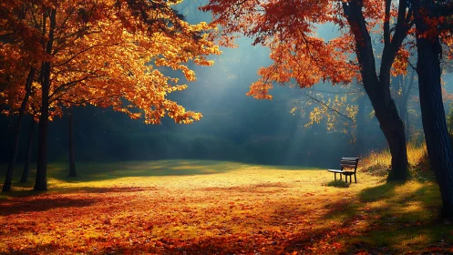 Sunlit autumn park clearing with empty wooden bench.